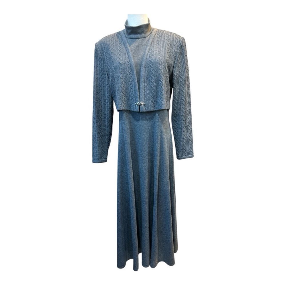 Elegant Gray Maxi Dress with Cropped Knit Jacket